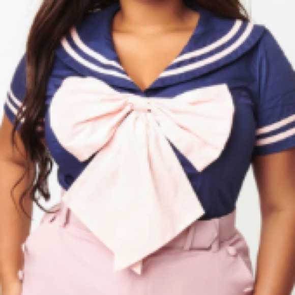 Unique Vintage Sailor Blouse with Over size Pink Bow - Picture 1 of 2